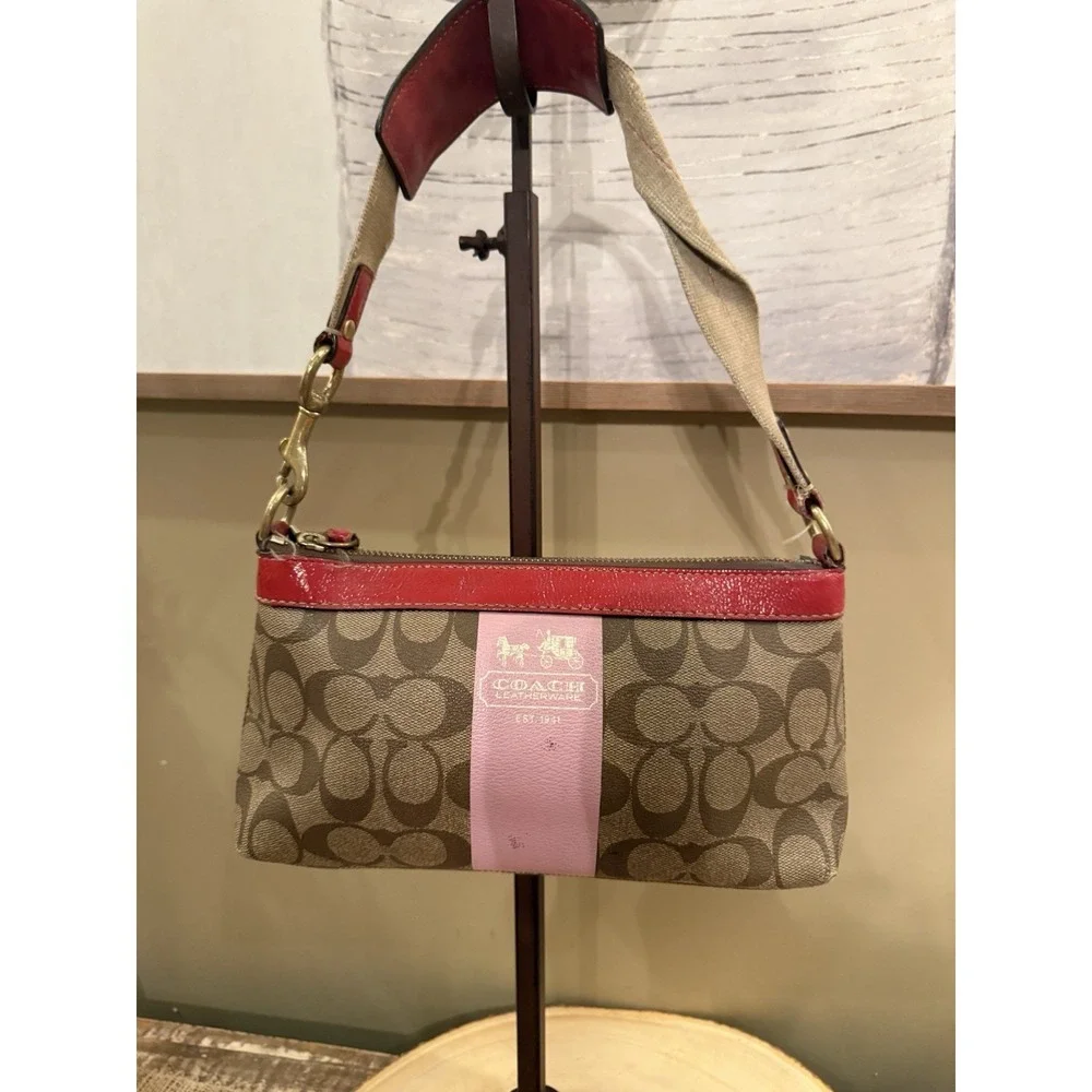 Coach Brown‎ Heritage Jacquard Pink Stripe Red Hobo Shoulder Bag Y2K
